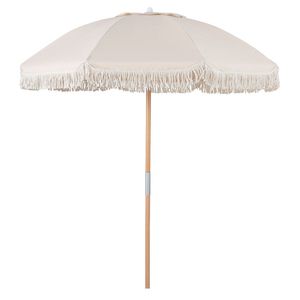 Ombrellone da Giardino Boho da 1,8 m con Palo in Legno di Faggio da 2,5 m, Stecche in Fibra di Vetro, Inclinazione a Pulsante e Nappe Incluse - Product Image 1