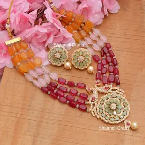 Conjunto de colar noiva, kit com colar longo com desenho peacólico, conjunto com colar miçangas rajasthani rajwada