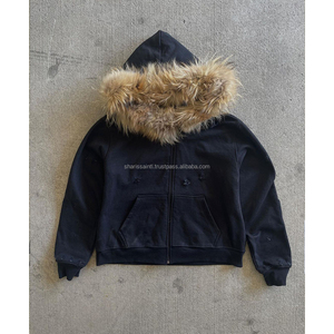 Hoodie with Fur Hood Oversized Heavyweight Blank Zipper Hoodies Drop Shoulder Thermal <b>Zip</b> <b>up</b> <b>Zip</b> <b>up</b> Unisex - Product Image 3