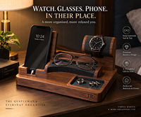 Support de charge 3-en-1 multifonctionnel en bambou sculpté, écologique, moderne et luxueux, pour téléphone, montre et écouteurs, avec câble dissimulé