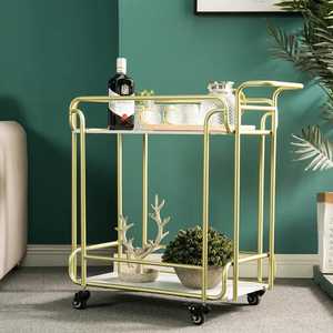 Modern Gold Metal Bar Cart 2-Tier Luxury Rolling <b>Serving</b> <b>Trolley</b> with Wheels Wine Rack Glass Holder for Home Kitchen Furniture - Product Image 1