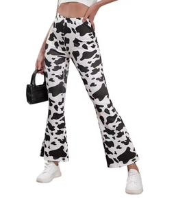 Hardhoodi Interination Women High Waist <b>Cow</b> <b>Print</b> <b>Flare</b> Pants Elastic Waist Full Length Sporty Trousers with Pockets All Seasons - Product Image 1