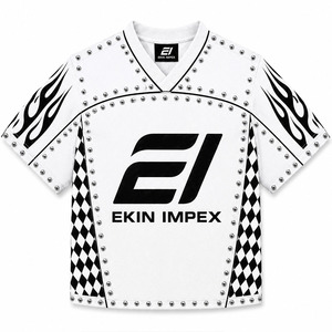 เสื้อเจอร์ซีย์สตรีทแวร์สีขาวหรูหราประดับหมุดด้านหน้า พรีเมียม Y2K สไตล์โมโตคอร์ ลายตารางเปลวไฟ ขนาดโอเวอร์ไซส์ แบบสั่งทำพิเศษ - Product Image 1