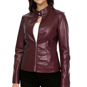 Veste Moto Femme Afernon en Cuir Véritable Respirante à Manches Longues avec Fermeture Éclair et Col Montant Style Automne Couleur Unie - Product Image 4