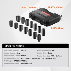 Set di chiavi a bussola a impatto metriche da 14 pezzi per dadi di asse, attacco da 1/2 pollice, 6+12 punte, CR-V, trattate termicamente, di grandi dimensioni - Product Image 4