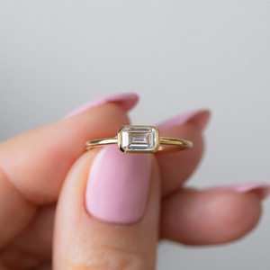 <b>Emerald</b> Cut Diamond <b>Ring</b> Yellow Gold Plated Bezel Setting Minimalist Engagement <b>Band</b> Women's Geometric Style - Product Image 2