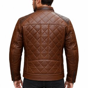 Blouson moto en cuir véritable pour homme, col montant, fermeture éclair, design matelassé, marron uni, vêtement d'extérieur d'hiver, imperméable et respirant - Product Image 4