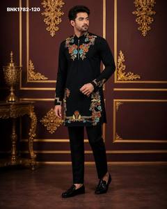 Latest Designer Fancy with Viscose Multi-Thread work & Half-Placket Chain Short Black <b>Kurta</b>-Pant Set Supplier from Surat - Product Image 3
