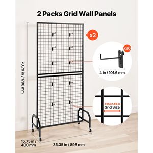 2 Pacchi di Pannelli a Griglia in Filo Metallico Nero 2,9 x 5,9 piedi, Espositore Mobile per Arte con 10 Ganci, Ruote per Scaffale Espositivo Facile da Spostare - Product Image 2