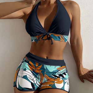 Women's Solid Color New 1 Piece <b>Bikini</b> <b>Set</b> High Waist Shorts Swimwear Tankini Beachwear Front Logo - Product Image 6