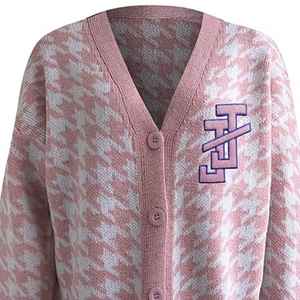 Cardigan en tricot pied-de-poule pour femme, col en V, boutonné, style chic classique, vêtement d'extérieur tendance - Product Image 5