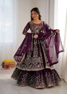 Heavy Micro Cotton Crunchy Silk Heavy Embroidery Sequence Work With Sleeves Party Wear Top Lehenga and Dupatta Set - Product Image 5