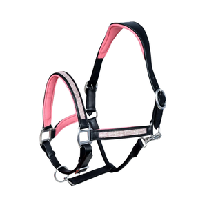 Cabestro de cuero negro y rosa con adornos de diamantes de imitación, estilo brida, ajuste cómodo para montar a caballo - Product Image 1