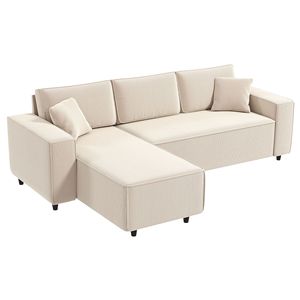 Divano Angolare a L in Tessuto Corduroy Bianco Crema, Due Posti con Chaise Longue Reversibile e Design Angolare con Molle Insacchettate - Product Image 1