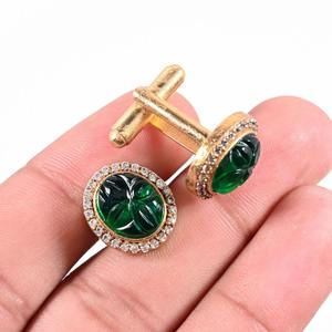 Boutons de manchette personnalisés en jade vert naturel brut plaqué or, pierres précieuses fines, provenant du Rajasthan, pour cadeau de mariage du marié - Product Image 3