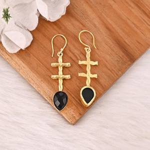 Natural <b>Black</b> Onyx Gold Plated Brass <b>Dangle</b> <b>Earrings</b> Handmade Fashion Jewelry for Women - Product Image 5
