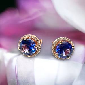 Boucles d'oreilles vintage en Tanzanite avec halo, fabriquées à la main en argent sterling 925 plaqué or rose 14 carats, vermeil, cadeau de mariage et pierre de naissance de décembre - Product Image 1