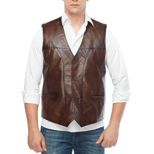Men's Brown Leather Vest V-Neck Zipper Closure Breathable Casual Outer Wear Regular Fit Winter Street Style - Product Image 6