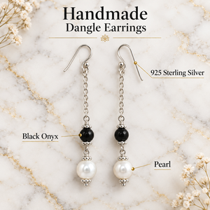 JEWELTECH <b>Black</b> Onyx Freshwater Pearl 8mm Bohemia Style Women's <b>Earrings</b> 925 Sterling Silver <b>Dangle</b> Handmade Engagement Wedding - Product Image 6