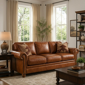 Classic Mid Century Modern 3 Seater Genuine Leather <b>Sofa</b> Rolled Arm Design with Nailhead Trim Wrinkle-Free Look for Living Rooms - Product Image 1