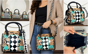 Sac de voyage de luxe fait main le plus vendu, modèle Mini Speedy, en cuir floral gravé à la main, noir et blanc à carreaux, pour femme - Product Image 3