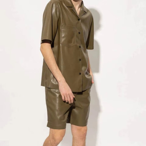 Mens Leather <b>Shirt</b> Straight Short Sleeve <b>Button</b> Front Top Daily Fashion Casual Gatherings Smart Style Looks Velour Anti-Wrinkle - Product Image 5