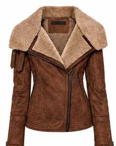 Women's Brown <b>Leather</b> <b>Coat</b> Full Sleeve With Fur Trim Button Closure - Product Image 1
