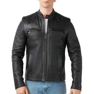 <b>Men's</b> Black And <b>White</b> Leather Motorcycle <b>Jacket</b> Moto Biker Style Stand Collar Zipper Closure Color Blocking Design - Product Image 4