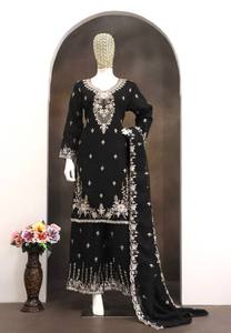 Costume Anarkali brodé noir pour femmes avec dupatta, coupe ample, longueur au sol, tenue traditionnelle indienne pakistanaise - Product Image 2