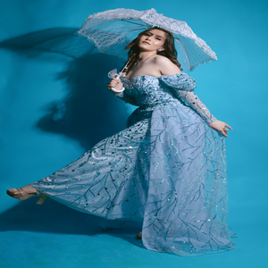 Elegant Modern Natural Off-Shoulder Beaded Mermaid Floor-Length Evening Gown | Blue <b>Sequined</b> Formal Dress for Prom Party Wedding - Product Image 3