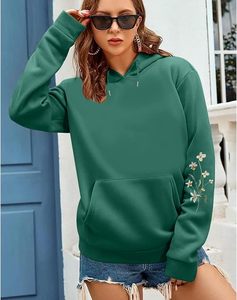 Botanical Solid Green Digital Printed 100% Cotton Fleece <b>Pullover</b> Hooded Sweatshirt with Long Sleeves and Casual Fashion Design - Product Image 5