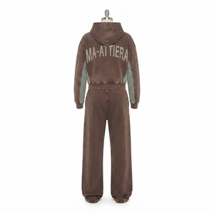 Ensemble survêtement personnalisé pour femme, sweat à capuche et pantalon de survêtement, délavé à l'acide, marron et vert, color block, OEM, vente en gros - Product Image 4