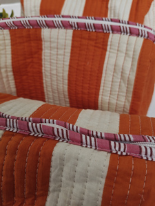 Orange White Stripe Block Printed Eco-Friendly Durable Cotton Zipper <b>Makeup</b> <b>Case</b> Indian Travel Cosmetic Organizer Kit - Product Image 3