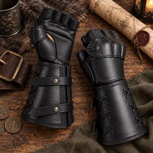 Vintage Steampunk PU <b>Leather</b> <b>Fingerless</b> Laced Up Gauntlet Bracers <b>Men</b> Women Motorcycle Racing Riding <b>Gloves</b> Retro Wrist Cuffs - Product Image 4