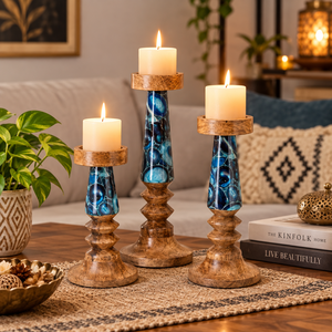 Juego de Portavelas de Resina y Madera Hechos a Mano, 3 Piezas, Soporte de Madera para Velas de Pilar con Piedra Azul, Decoración de Lujo al por Mayor - Product Image 2