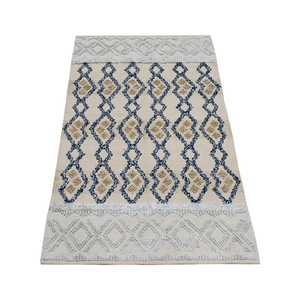 Tapis marocain tissé à la main en sergé, crème, bleu, beige, texturé, à poils ras, adapté aux animaux domestiques, en coton, pour salon bohème - Product Image 3