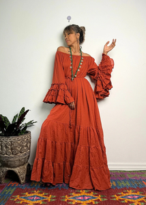 Bohemian for Orange V-neck Maxi Dress Dramatic Tiered Flare <b>Bell</b> Sleeve Waist Tie Ruffled Hem Eco-Friendly Organic Cotton - Product Image 5