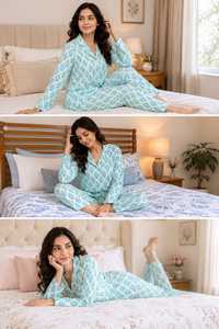 Soft 100% Cotton Woven Floral Print Blue <b>Pyjama</b> Set Women | Luxury Hand Drawn V-neck Nightwear | Button Sleepwear Loungewear - Product Image 4