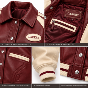Blouson Bomber Vintage en Cuir de Mouton Véritable pour Femme, Col Relevé, Manches Contrastantes Crème et Bordeaux, Patch Ovale, Style Baseball - Product Image 6