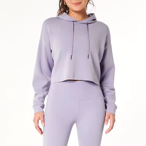 Women's Oversized Hooded Crop Sweatshirt Solid Color <b>Drop</b>-Shoulder Long Sleeve Knitted Spandex Cotton Autumn Wear - Product Image 2