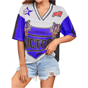 เสื้อฟุตบอลผู้หญิงคอวีผ้าตาข่ายแขนสั้นระบายอากาศได้ดีพิมพ์ลายเสื้อกีฬาฤดูร้อนทรงหลวมสีม่วงลายเสือขาว - Product Image 1