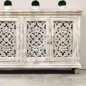 Consola de TV de Madera Maciza Hecha a Mano con Tallado de Mandala Ornamentado, Acabado Blanqueado, Muebles Rústicos para Sala de Estar - Product Image 4