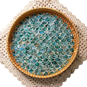 Handcrafted Luxury Round Rattan <b>Serving</b> <b>Tray</b> Mother Of Pearl Inlay <b>Black</b> & White Geometric Pattern Decorative Home Decor On Sale - Product Image 2