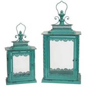 <b>Set</b> Of 2 Antique Finished Teal Blue Candle <b>Lanterns</b> Decorative Hanging Metal & Glass Indoor <b>Lanterns</b> With Lace Cutout Design - Product Image 1