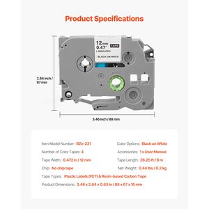 Confezione da 4 nastri adesivi per etichettatrici in bianco e nero da 0,47 pollici/12 mm compatibili con vari tipi di etichettatrici Brother P-Touch - Product Image 3