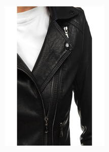 Women's Black Genuine Leather Moto Jacket Full Sleeve <b>Zipper</b> Closure Stand Collar Autumn Style - Product Image 5