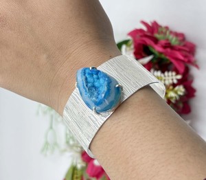 Natural Sky Blue Sugar Druzy Triangle <b>Stone</b> <b>Bracelet</b> Silver Plated Textured Wide Cuff Handmade Gemstone Wide <b>Bracelet</b> - Product Image 1