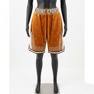 กางเกงบาสเก็ตบอลผู้หญิงผ้าโพลีเอสเตอร์พรีเมียม สีส้มขาว แต่งผ้าตาข่าย ปักโลโก้ ประดับเพชรแบบรีดร้อน - Product Image 6