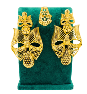 Ensemble de boucles d'oreilles et bague en alliage plaqué or 24 carats pour femmes, avec nœud papillon et motif végétal, bijoux de mariage faits à la main - Product Image 3