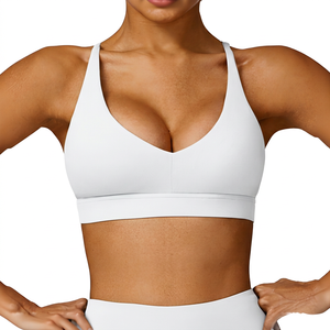 Sujetador deportivo de yoga con espalda cruzada y cuello en V profundo para mujer, soporte medio, transpirable, verde liso - Product Image 4